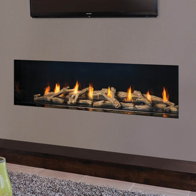 Regency New York View 60 gas fireplace installed in a modern living space, showcasing a wide, linear flame through a sleek glass front.