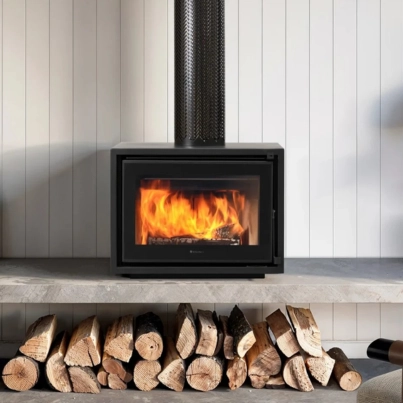 Modern fireplace in bright room